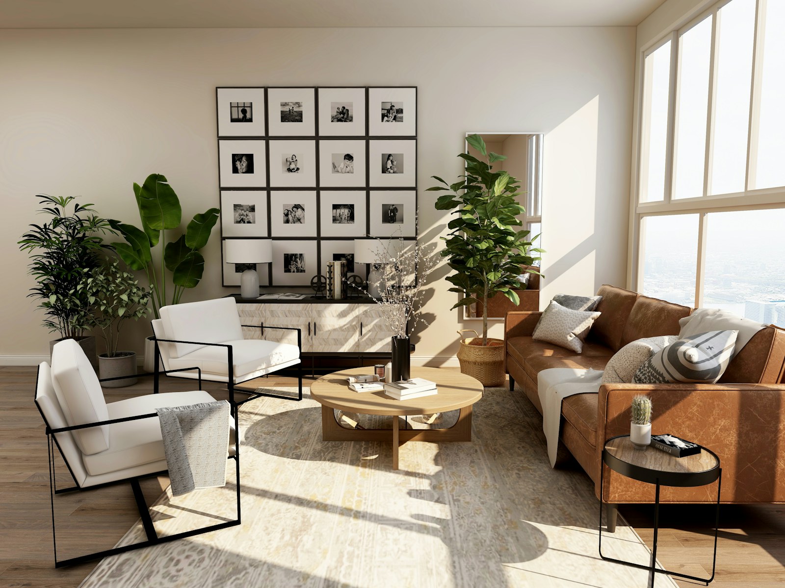 Warm contemporary living room with a pale sofa, timber furniture and natural light